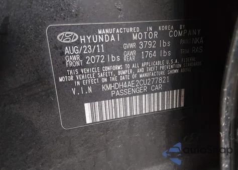 2012 Hyundai Elantra Gls (Ulsan Plant) z USA, uszkodzony, nr VIN KMHDH4AE2CU277821